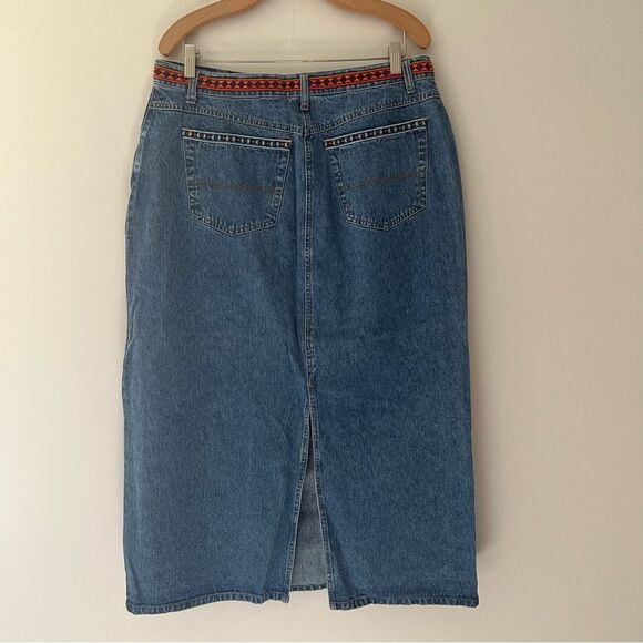 Venezia Vintage Denim Midi Skirt Western Ribbon Trim Size Large Cowboy Rodeo - Picture 5 of 9